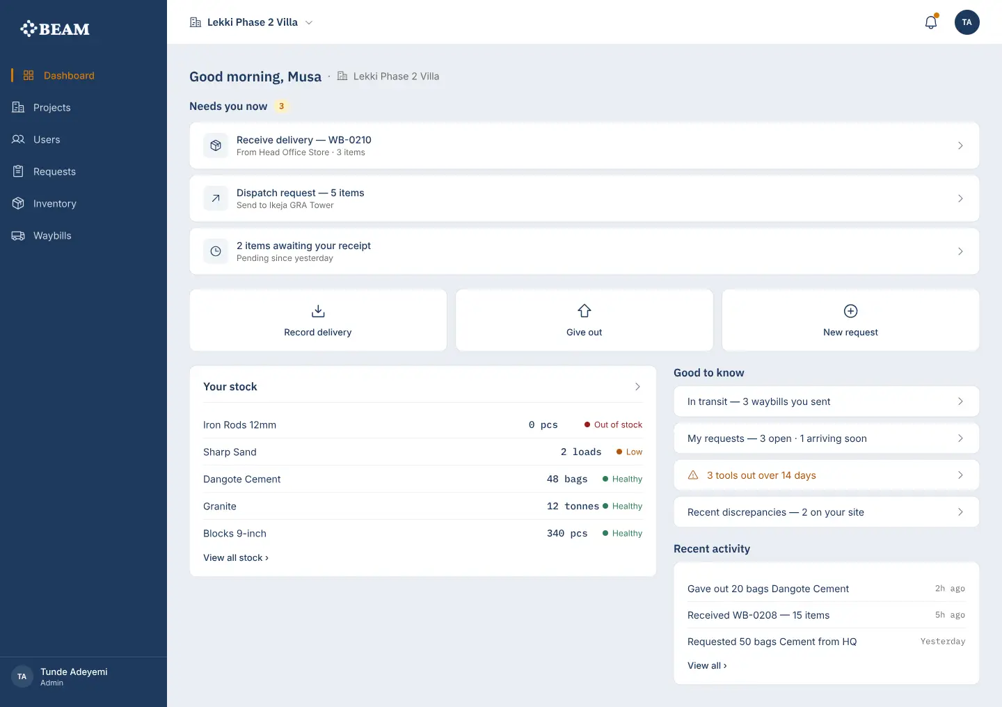 The BEAM dashboard showing stock levels across project locations